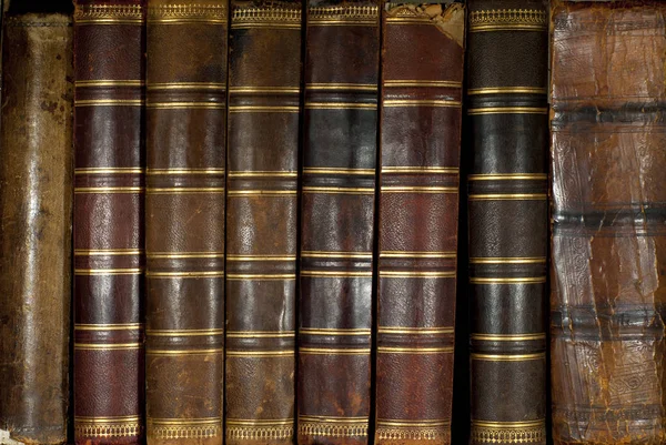 Background Row Worn Leather Antiquarian Book Spines Gold Embossing — Stock Photo, Image