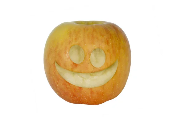 Manzana Aislada Con Una Cara Divertida Tallada Ella — Foto de Stock