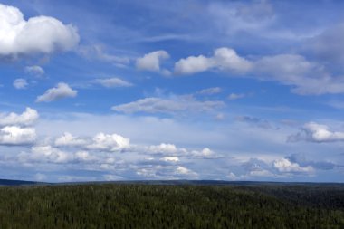 göksel manzara - mavi bir gökyüzü bulutlu bir kuş bakışı ile ormanlık bir dağlık arazi üzerinde