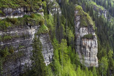 landscape with sheer cliffs amid the forest without sky (rock Devil's finger on the river Usva, Middle Urals, Russia clipart