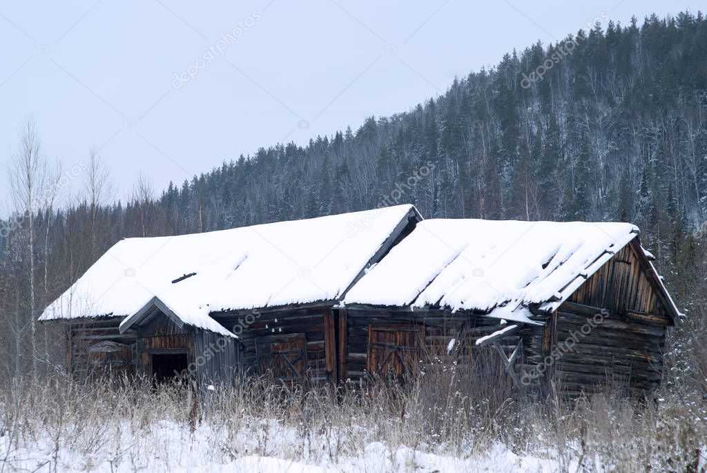 ruins of an abandoned wooden log cabin in the winter landscape