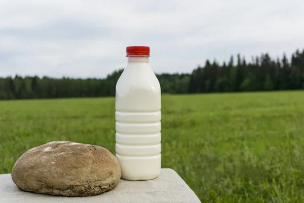 新鮮な牛乳とぼやけている草原の中でリネンのテーブル クロスの上の素朴なパンのプラスチック ボトル — ストック写真