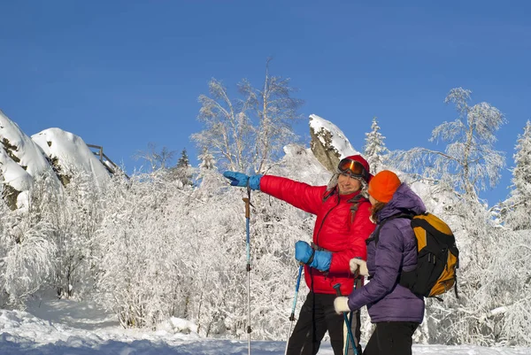 Dos Excursionistas Invierno Claro Día Helado Sobre Telón Fondo Bosque —  Fotos de Stock