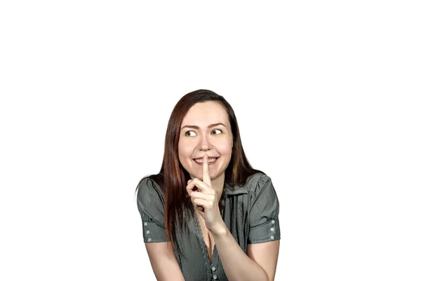 Girl White Background Smile Presses Finger Her Lips Showing Gesture — Stock Photo, Image