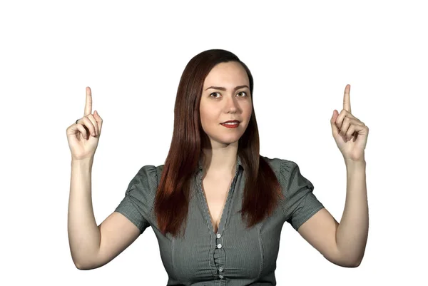 Kadın Beyaz Bir Arka Plan Üzerinde Iki Eliyle Işaret Parmakları — Stok fotoğraf