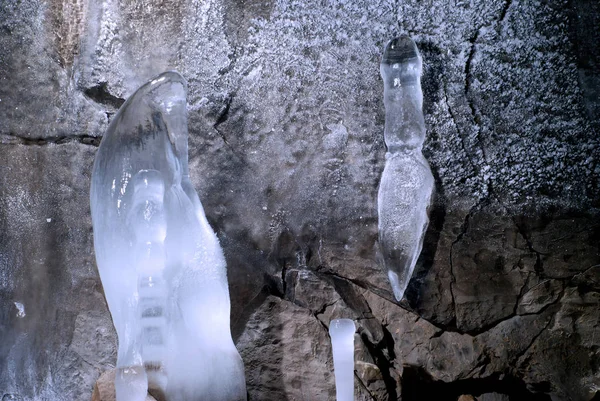 Fragment Wall Karst Limestone Cave Covered Hoarfrost Ice Formations — Stock Photo, Image