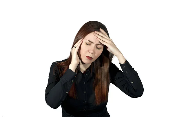 Girl White Background Suffers Headache Holding Her Hands Her Head — Stock Photo, Image