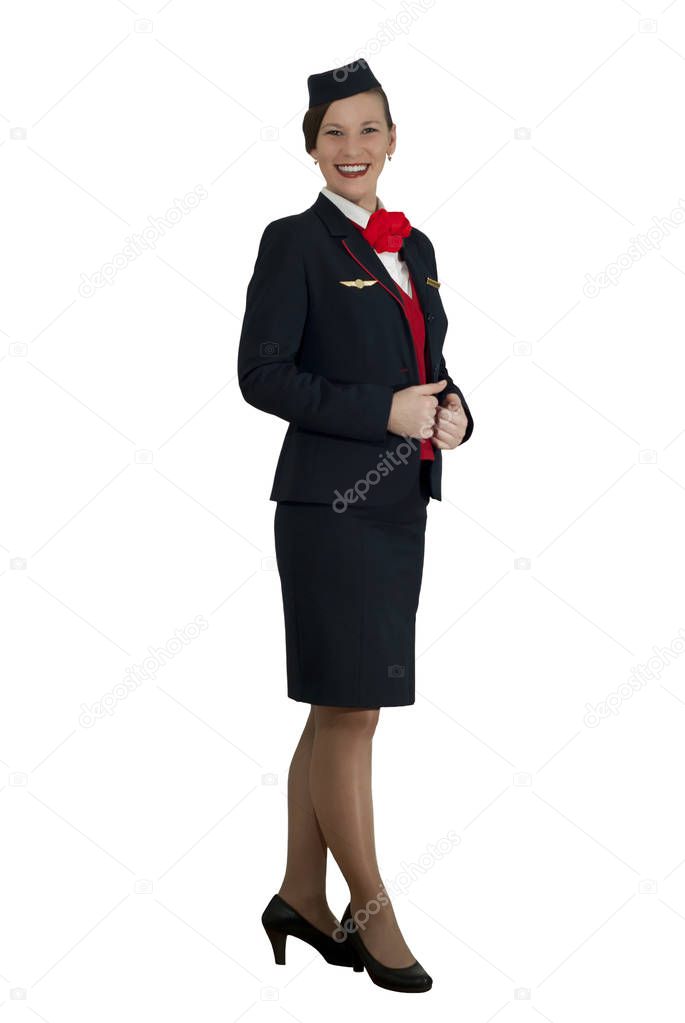 smiling stewardess in full growth isolated without the airline logo on the standard badge wings