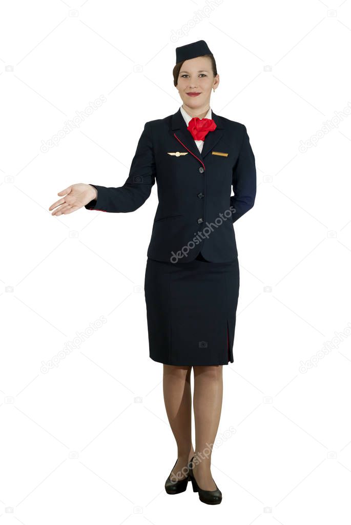 stewardess on white background, smiling, showing his hand to the left, isolated