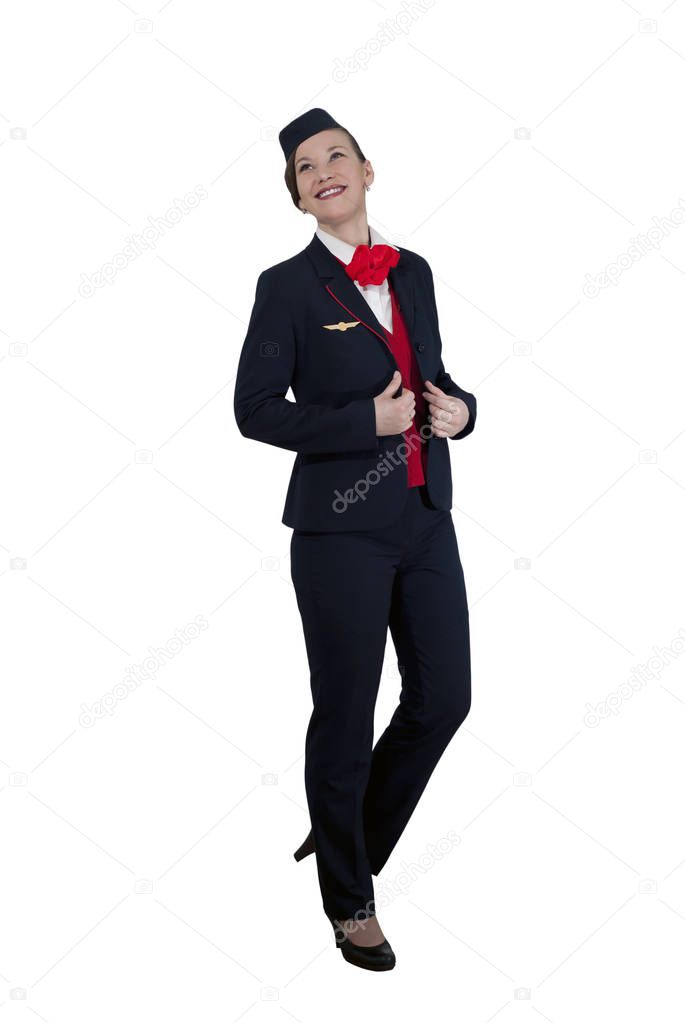 stewardess on white background, with a smile looking up, isolated
