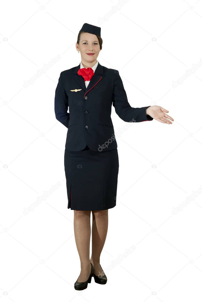 stewardess on white background, smiling, showing his hand to the right, isolated