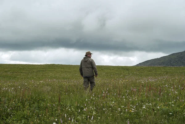 man in hiking clothes leaves on blossoming mountain tundra under cloudy sky