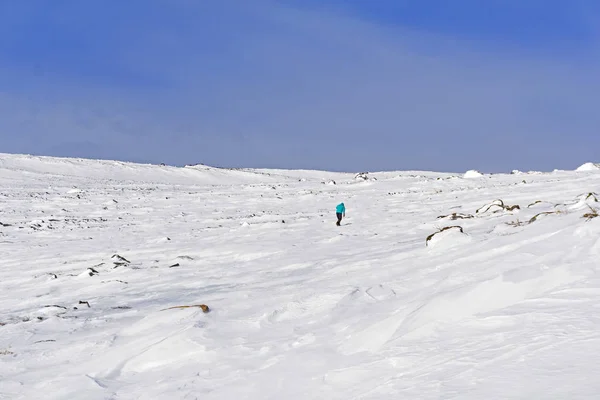Lonely Tired Stumbling Traveler Snowy Desert — Stock Photo, Image
