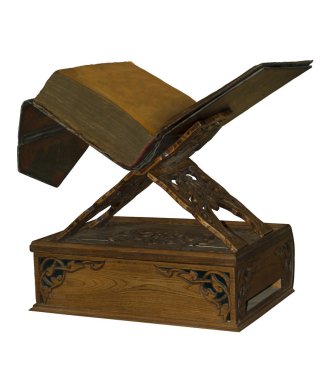 Eski parşömen kitap okuma, beyaz bir arka plan üzerinde izole için bir oyma ahşap stand