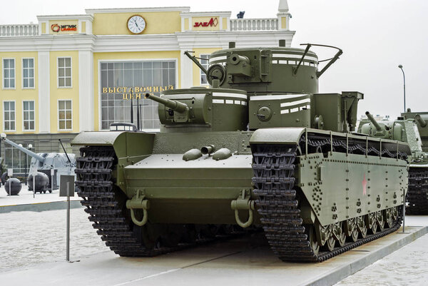 RUSSIA, VERKHNYAYA PYSHMA - FEBRUARY 12. 2018:  Soviet multi-turreted heavy tank T-35 in museum of military equipment