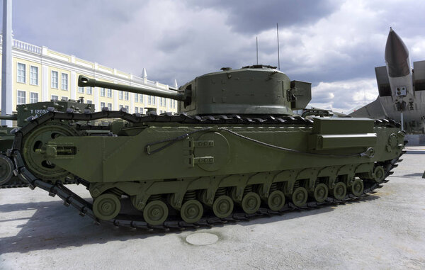 Verkhnyaya Pyshma, Russia - March 01, 2018: British flame-thrower tank Mk IV Churchill Crocodile in the museum of military equipment