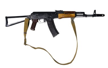 Assault rifle with folding butt and canvas belt, isolated