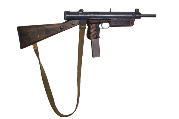 Vintage Pistolet Maszynowy Paskiem Płótna Białym Tle — Zdjęcie stockowe