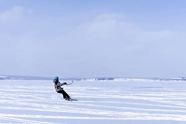 Perm Russia February 2018 Snow Kiter Glides Ice Kama Reservoir — Stock Photo, Image