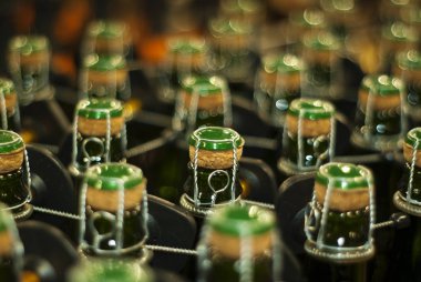 corked şişe köpüklü şarap, bira ya da elma şarabı closeup ile arka plan bulanık