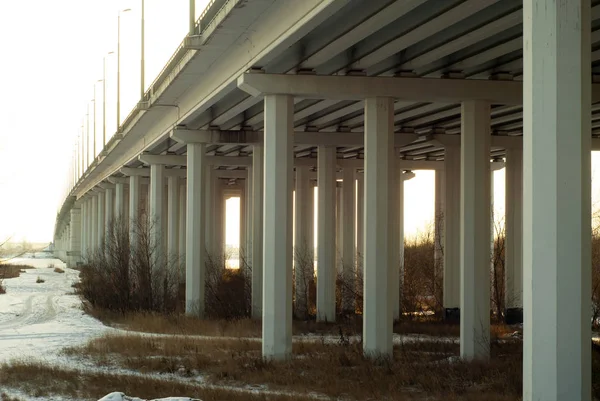 view from below on concrete supports of an automobile bridge across a floodplain river valley in autum