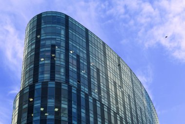 top karşı akşam gökyüzünde uçan bir kuş ile modern bir ofis ve cam cephe