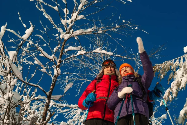 Muž Žena Turisté Batohy Nordic Walking Hůlky Mrazivé Zimní Krajině — Stock fotografie