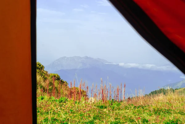 Vista Desde Una Tienda Campaña Turística Prado Alpino Con Cresta — Foto de Stock