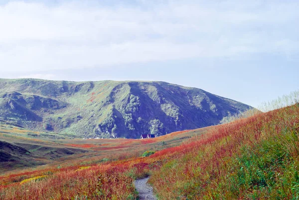 Leicht Verwischte Herbstliche Sonnige Alpine Landschaft Kaukasus Mit Einem Pfad — Stockfoto