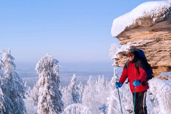 Laughing Traveler Backpack Poles Nordic Walking Standing Frosty Winter Landscape — Stock Photo, Image