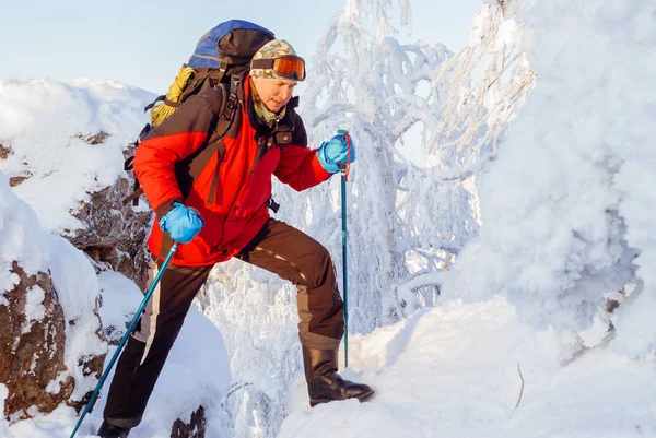 Человек Турист Зимних Горах Преодолевает Трещину Между Заснеженными Скалами — стоковое фото