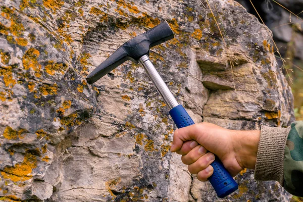 Geologs Hand Slår Kalksten Mossiga Rock Med Geologisk Hammare För — Stockfoto