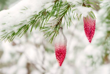 karlı kış ormandaki açık canlı bir köknar üzerinde Vintage Noel süsleri