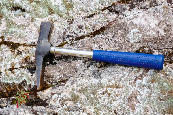 Geologische Hammer Liegen Auf Einem Natürlichen Flechten Bedeckten Felsen Nahaufnahme — Stockfoto