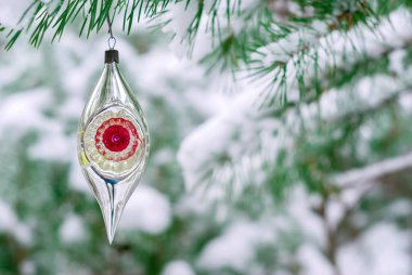 karlı kış ormandaki açık canlı bir köknar Vintage Noel dekorasyon