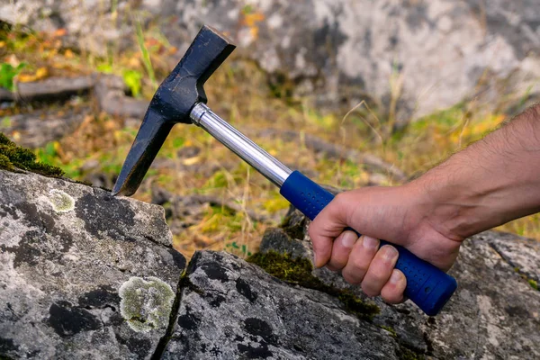 Händerna Geolog Dela Ett Mineralogiska Prov Med Geologisk Hammare — Stockfoto