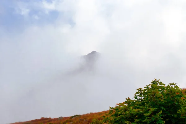 円錐形の岩の多い山ピーク雲のフォア グラウンドで秋の植物でぼやけている斜面のルーメンで表示 — ストック写真