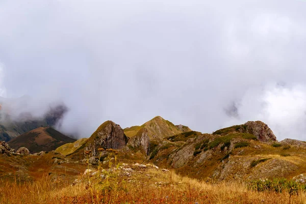 乾いた草とバック グラウンドで雲とロッキー山脈高原 — ストック写真