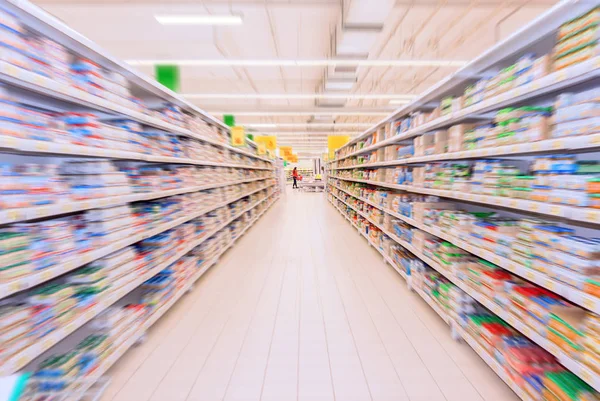 Grocery Store Interior Shelves Boxes Jars Radial Blur — Stock Photo, Image