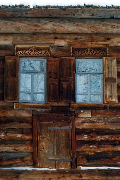 Two Windows Frozen Glasses Basement Door Log Wall Old Wooden — Stock Photo, Image