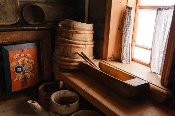 Fragment Interior Old Peasant Log Cabin Wooden Household Items Hand — Stock Photo, Image