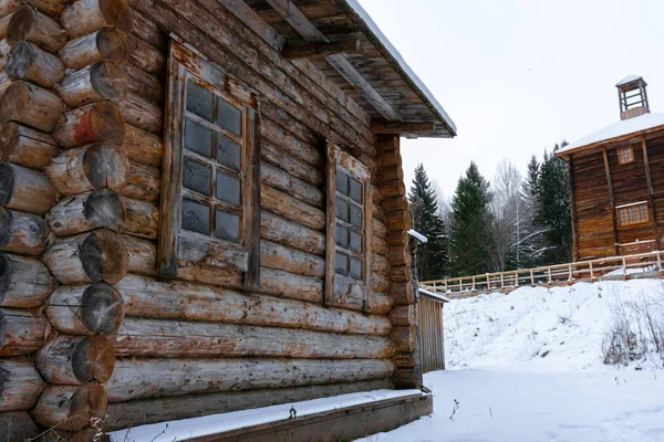 Samples Old Wooden Architecture Winter Landscape Fragment Log Hut Tower — Stock Photo, Image