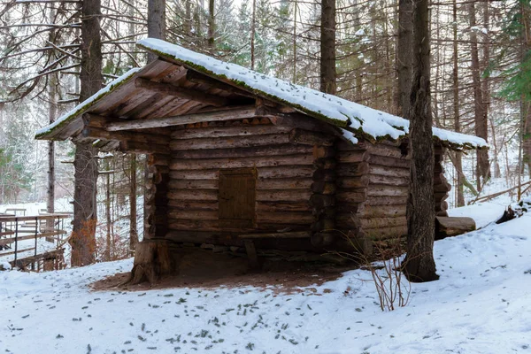 Traditional Old Small Hunting Log Cabin Winter Forest — Stock Photo, Image