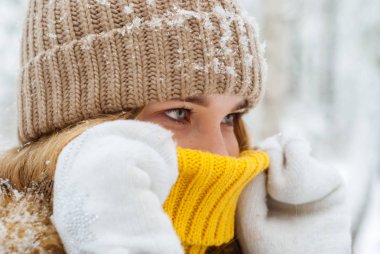 nefesi ile ısınma bir kız portresi, soğuk bir günde, sıcak bir kazak tasmada burun onu gizleme yakın çekim
