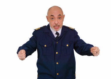 yaşlı adam bir memur deniz Tekdüzen Dümenci beyaz arka plan üzerinde izole yönetiminde çalışmalarını gösteriyor