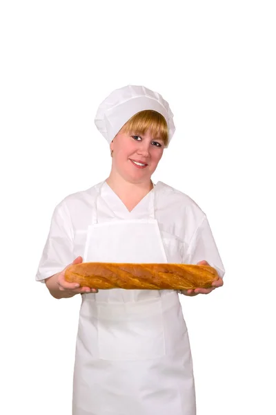 Пекарь с изолированным багетом — стоковое фото