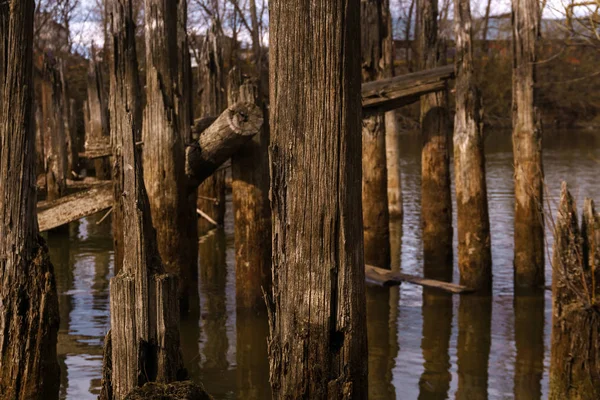 오래된 파괴 된 다리의 더미와 풍경 — 스톡 사진