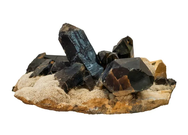 Конгломерат кристалів моріона, фельдшпіра та слюди ізольовані на w — стокове фото