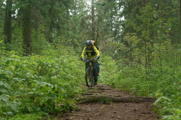 Bicycle tourist climbs a trail in a mountain autumn forest — Stock Photo, Image