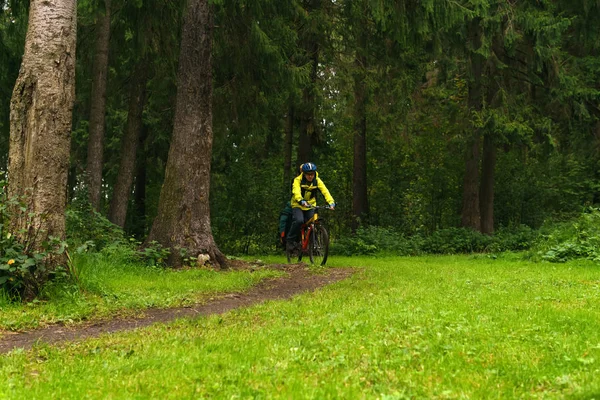 Equipped cycling tourist on a trail in the forest — Stock Photo, Image